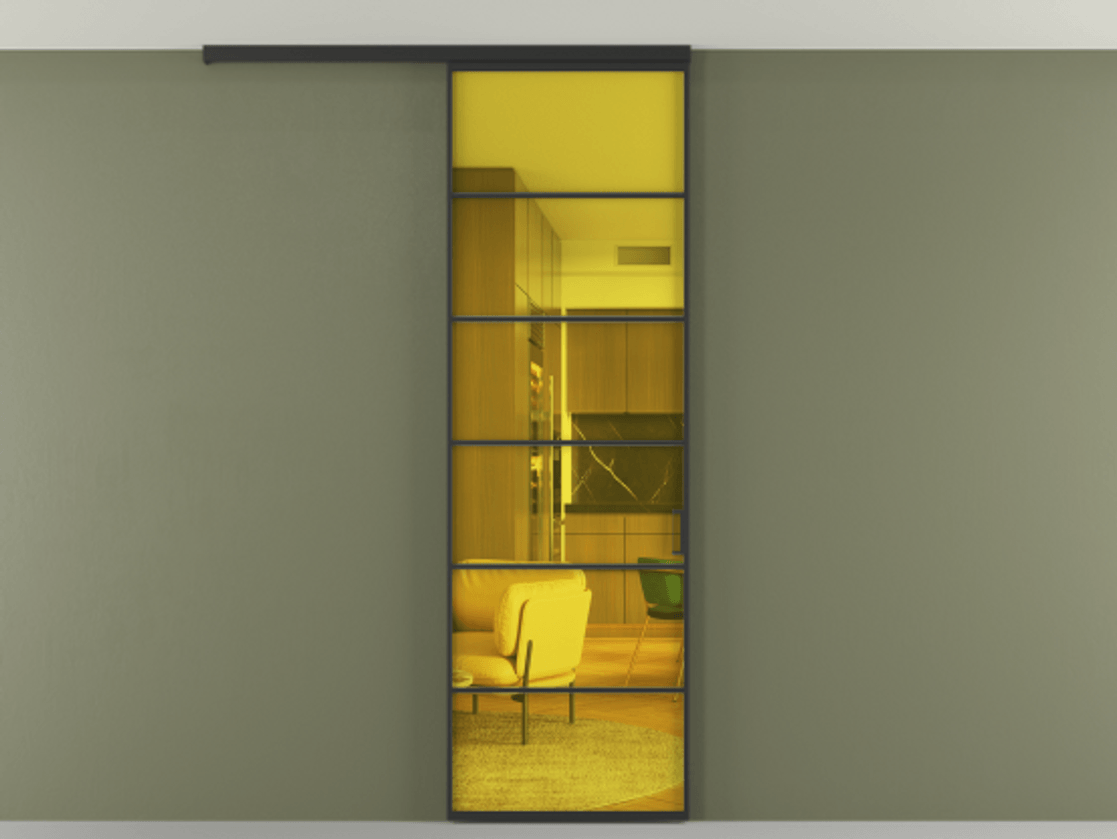 Перегородка Формато вдоль стены на потолок 1 створка АЛПР 040.04 Алюминий Черный Прозрачное жёлтое стекло, триплекс Цена 698900 AMD | Volhovec