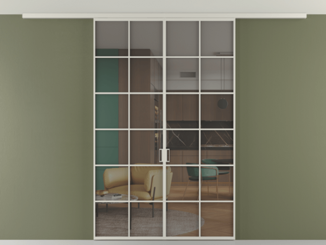 Перегородка Формато вдоль стены на потолок 2 створки АЛПР 040.05 Алюминий тёплый серый Прозрачное серое стекло, триплекс Цена 1652820 AMD | Volhovec