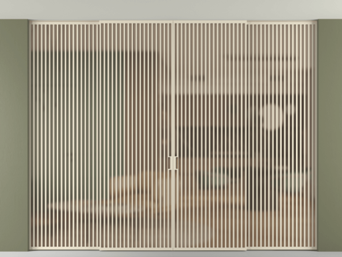 Перегородка Формато внутри проёма скрытое крепление в потолок 4 створки АЛПР 040.06 Алюминий бежево-серый Сатинированное оранжевое стекло, триплекс Цена 5408800 AMD | Volhovec