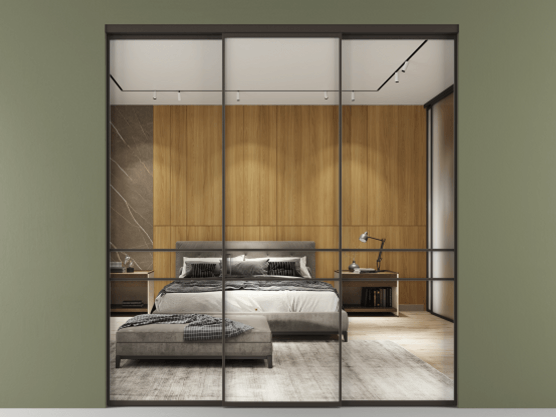 Перегородка Formato внутри проёма 3 створки АЛПР 040.02 Алюминий антрацит Двустороннее зеркало, триплекс , триплекс 6 мм Цена 1600180 AMD | Volhovec