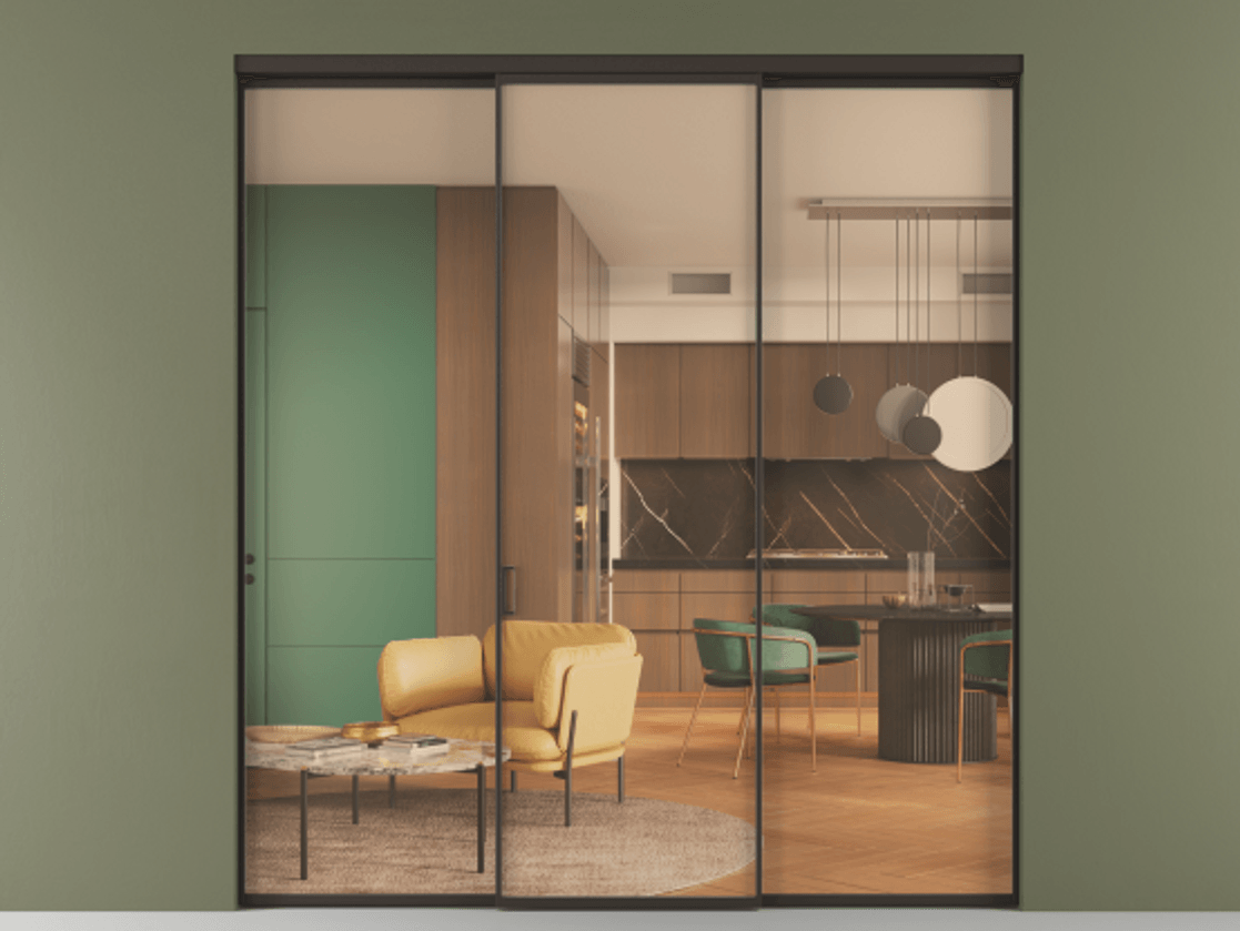 Перегородка Формато внутри проёма 3 створки АЛПР 040.01 Алюминий антрацит Прозрачное оранжевое стекло, триплекс Цена 1518200 AMD | Volhovec