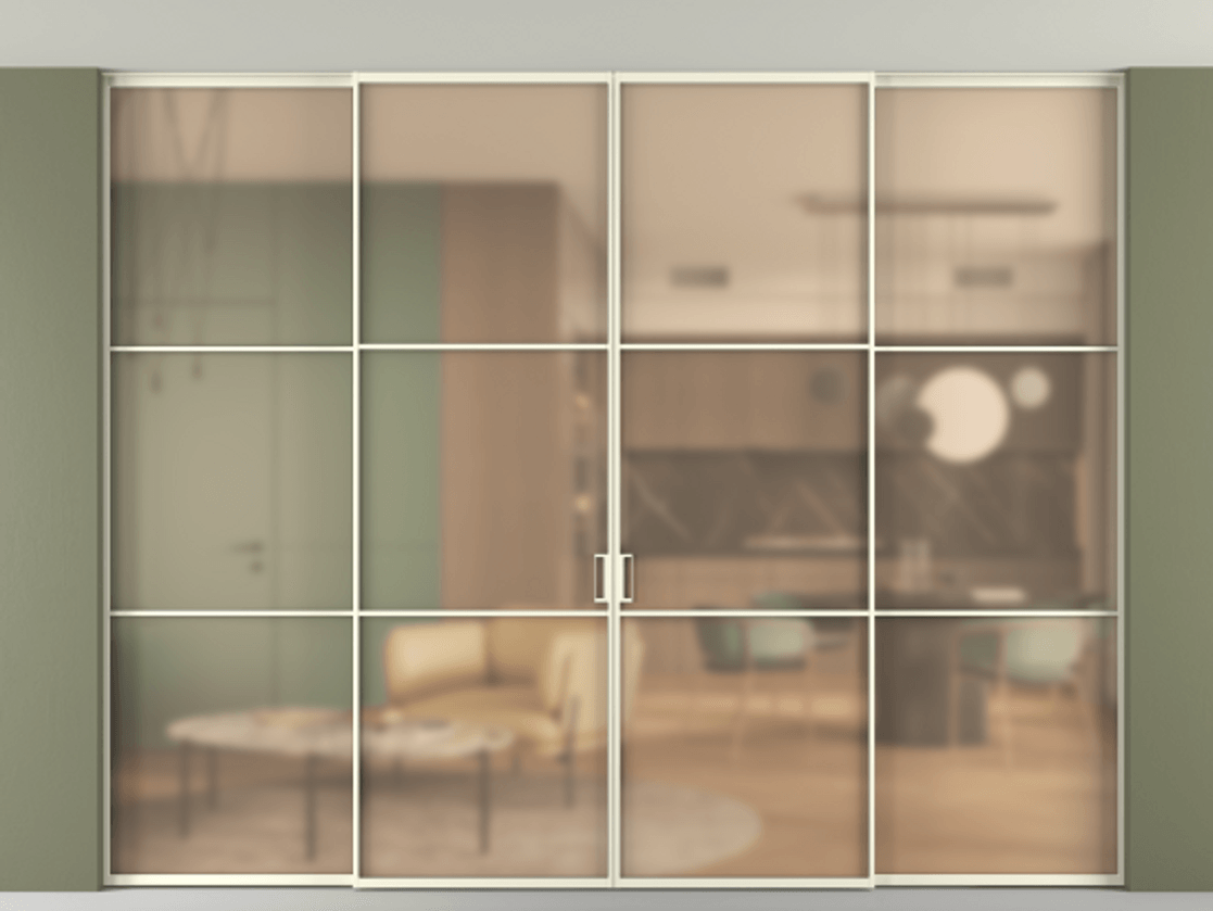 Перегородка Formato внутри проёма четырёхстворчатая со скрытым креплением в потолок АЛПР 040.03 Алюминий молочно-белый Сатинированное оранжевое стекло, триплекс Цена 457052 ₽ | Volhovec