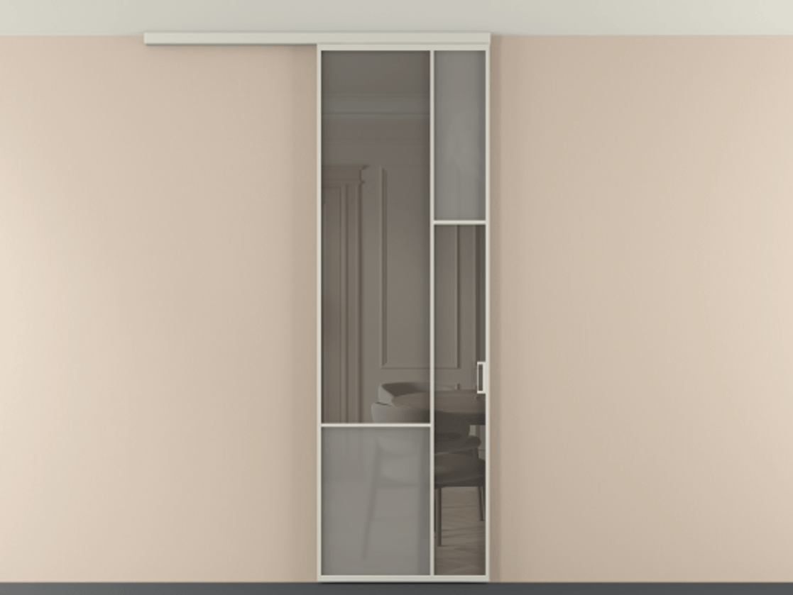 Перегородка Мозаик вдоль стены на потолок 1 створка АЛПР 041.12 Алюминий тёплый серый Сатинированное серое стекло, триплекс, 6 мм + Прозрачное серое стекло, триплекс Цена 910710 AMD | Volhovec