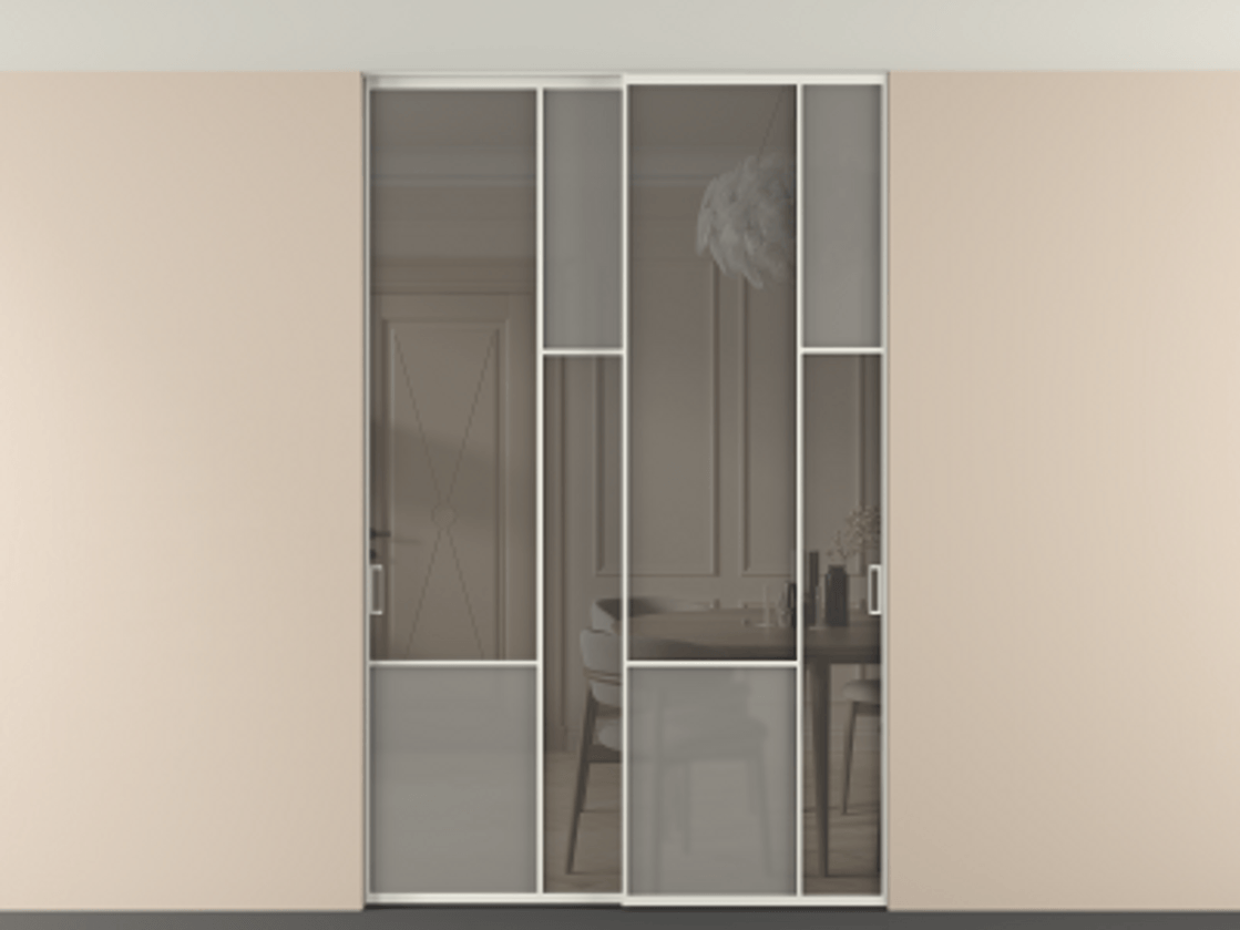 Перегородка Мозаик внутри проёма скрытое крепление в потолок 2 створки АЛПР 041.12 Алюминий серый Сатинированное серое стекло, триплекс, 6 мм + Прозрачное серое стекло, триплекс Цена 2188970 AMD | Volhovec