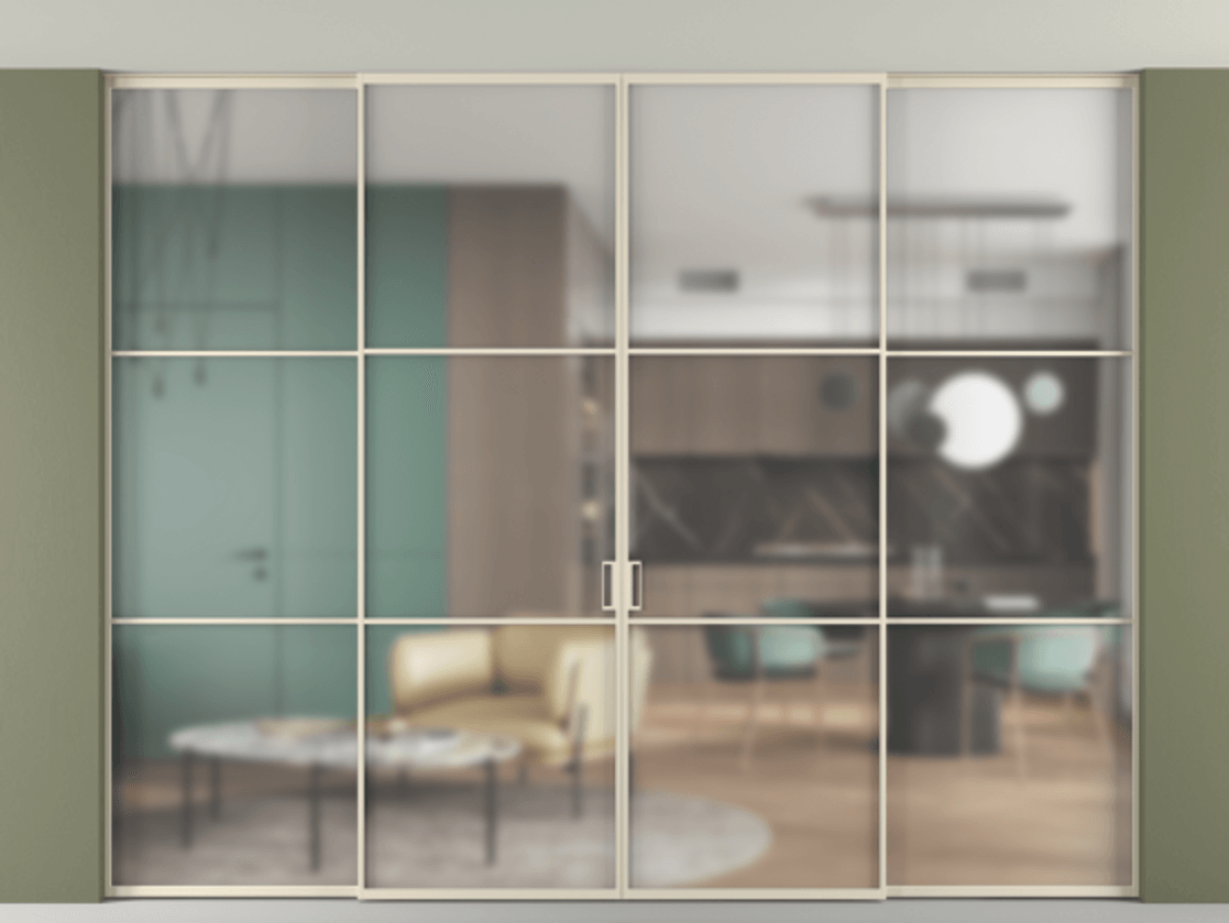 Перегородка Formato внутри проёма скрытое крепление в потолок 4 створки АЛПР 040.03 Алюминий бежево-серый Сатинированное стекло "Мателюкс Кристал Вижн", калёное, матовое, каленое 6 мм Цена 3743860 AMD | Volhovec