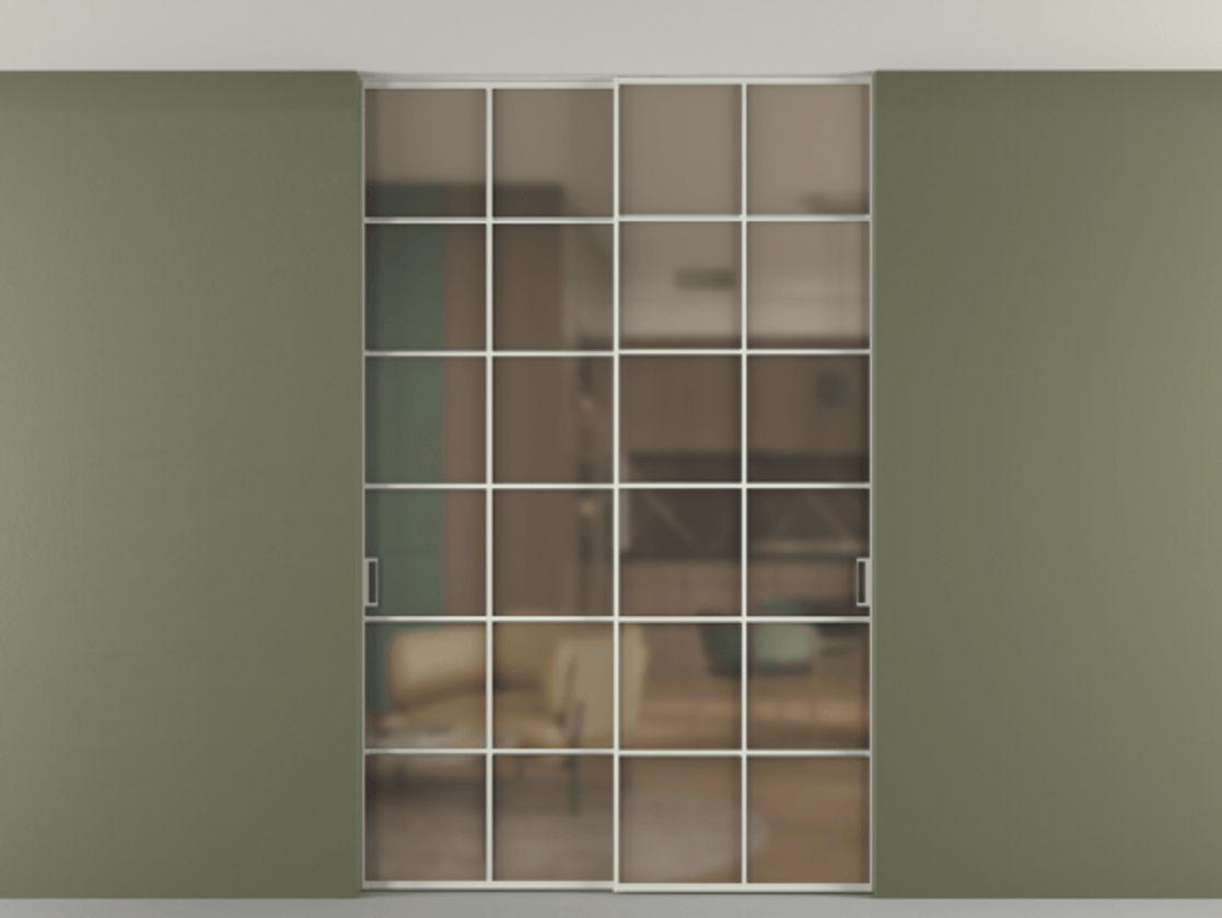 Перегородка Formato внутри проёма скрытое крепление в потолок 2 створки АЛПР 040.05 Алюминий Белый Сатинированное бронзовое стекло, триплекс Цена 1716250 AMD | Volhovec