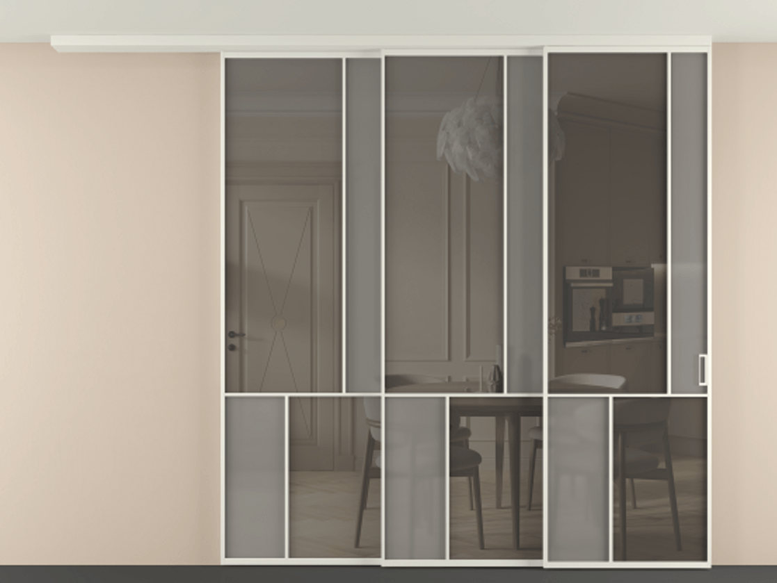 Перегородка Mosaic вдоль стены на потолок 3 створки с синхронным механизмом АЛПР 041.21 Алюминий Белый Сатинированное серое стекло, триплекс, 6 мм + Прозрачное серое стекло, триплекс Цена 24740 AZE | Volhovec