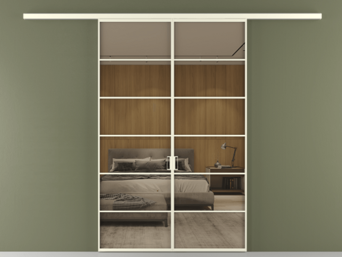 Перегородка Формато вдоль стены 2 створки АЛПР 040.04 Алюминий молочно-белый Рефлективное бронзовое стекло "Стопсол", калёное Цена 1784460 AMD | Volhovec