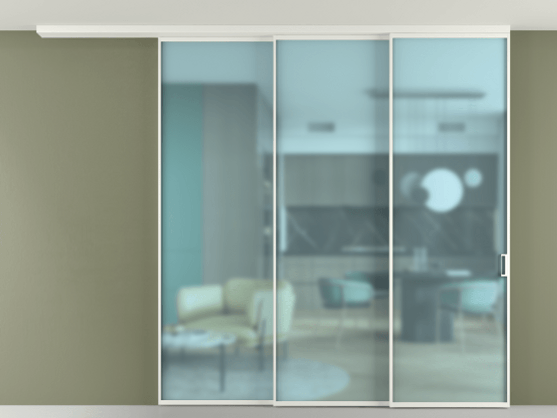 Перегородка Формато вдоль стены на потолок 3 створки с синхронным механизмом АЛПР 040.01 Алюминий светло-серый Сатинированное голубое стекло, триплекс Цена 2499400 AMD | Volhovec