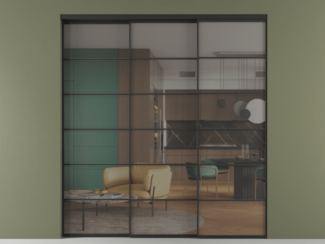 Перегородка Формато внутри проёма 3 створки с синхронным механизмом АЛПР 040.04 Алюминий Черный Прозрачное серое стекло, триплекс Цена 2335850 AMD  | Volhovec