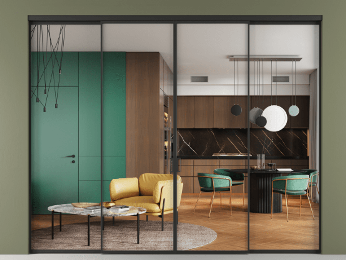 Перегородка Formato внутри проёма четырёхстворчатая АЛПР 040.01 Алюминий Черный Прозрачное стекло "Crystal Vision", калёное, 6 мм. Скрытый короб ЧЕР Цена 2506070 AMD 1. Полотно 4 шт.  (800/2100 мм)
2. Комплект установки раздвижной системы
3. Базовый комплект фурнитуры
4.Ручка RONDO. Фабрика дверей Волховец 8 (800) 551 43 19  Перегородка Formato внутри проёма четырёхстворчатая АЛПР 040.01 Алюминий Черный Прозрачное стекло "Crystal Vision", калёное, 6 мм Цена 2506070 AMD  | Volhovec