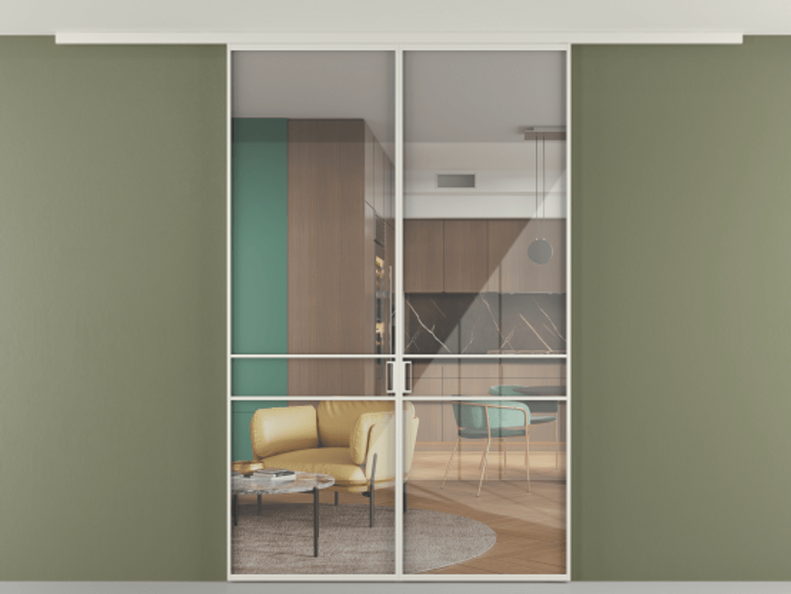 Перегородка Формато вдоль стены на потолок 2 створки АЛПР 040.02 Алюминий Белый Рефлективное прозрачное стекло "Стопсол", калёное Цена 342010 сом | Volhovec