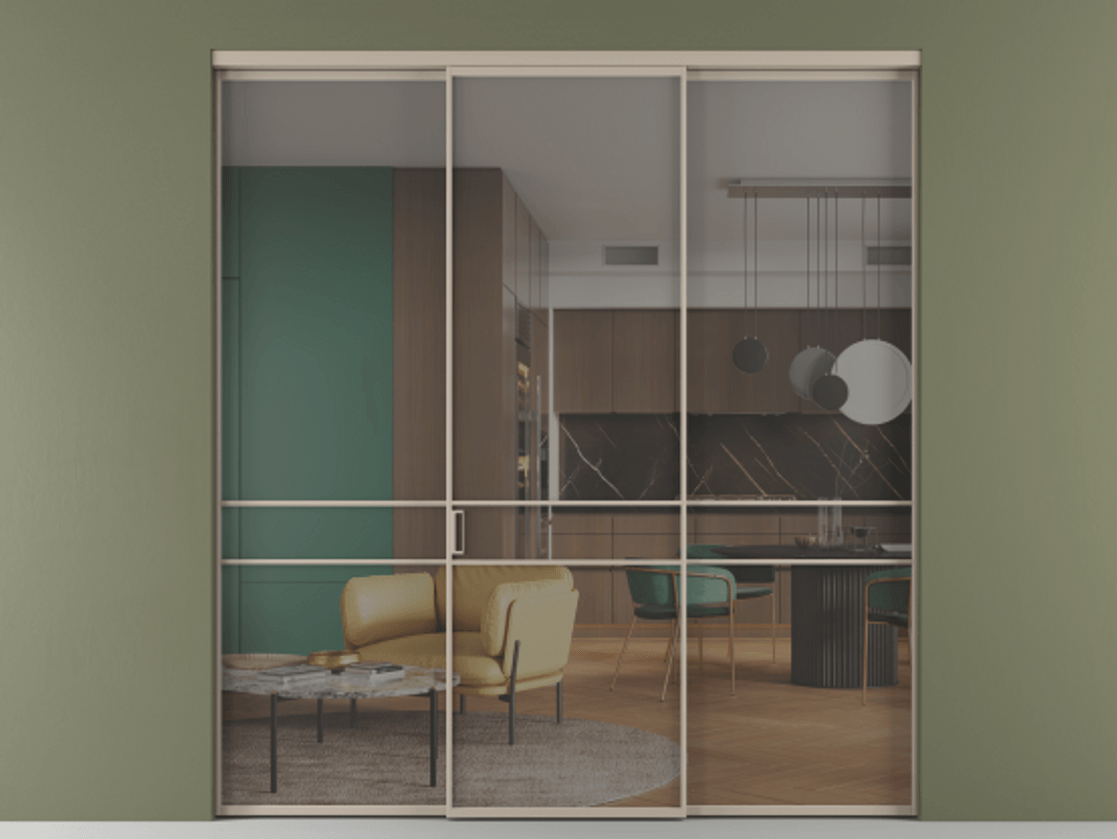 Перегородка Formato внутри проёма 3 створки АЛПР 040.02 Алюминий бисквитный Прозрачное серое стекло, триплекс Цена 1600180 AMD | Volhovec