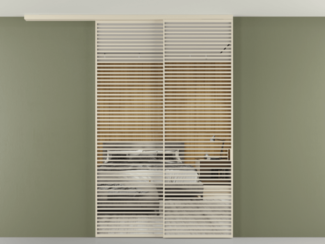 Перегородка Формато вдоль стены на потолок 2 створки с синхронным механизмом АЛПР 040.07 Алюминий бежево-серый Двустороннее зеркало, триплекс , триплекс 6 мм Цена 3551530 AMD | Volhovec