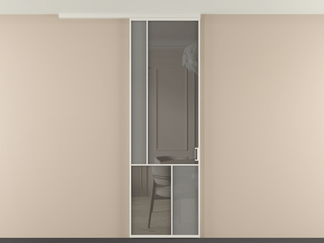 Перегородка Mosaic вдоль стены на потолок одностворчатая АЛПР 041.20 Алюминий Белый Сатинированное серое стекло, триплекс, 6 мм + Прозрачное серое стекло, триплекс, 6 мм Цена 823850 AMD | Volhovec