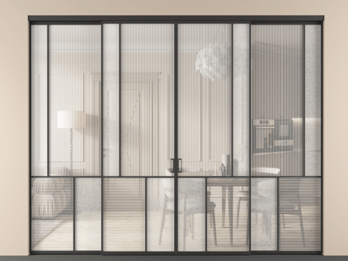 Перегородка Mosaic внутри проёма четырёхстворчатая АЛПР 041.21 Алюминий Черный Рифлёное стекло "Дюна", триплекс, 6 мм + Фактурное стекло "Лёд", триплекс, 6 мм Цена 448720 ₽ | Volhovec