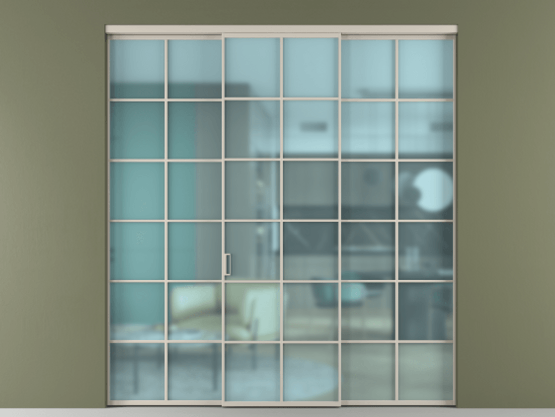 Перегородка Формато внутри проёма 3 створки АЛПР 040.05 Алюминий светло-бежевый Сатинированное голубое стекло, триплекс Цена 1718500 AMD | Volhovec