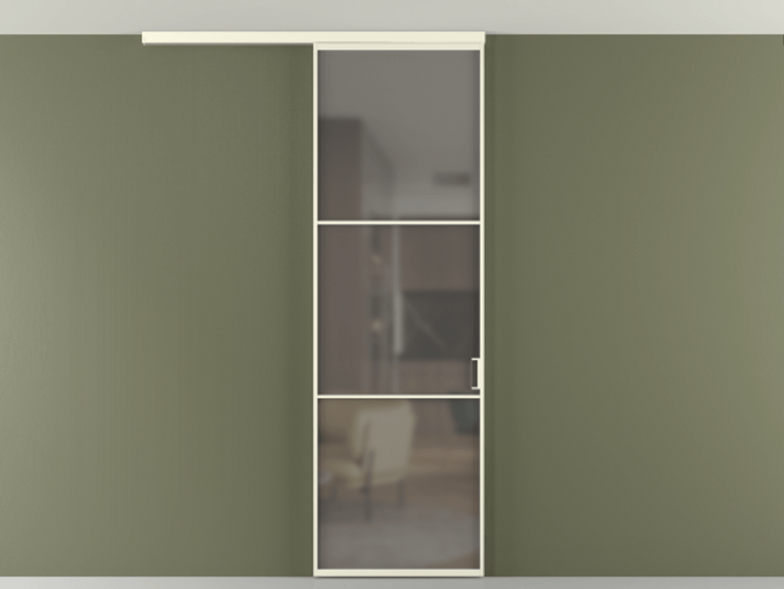 Перегородка Формато вдоль стены на потолок 1 створка АЛПР 040.03 Алюминий молочно-белый Сатинированное серое стекло, триплекс Цена 681060 AMD | Volhovec