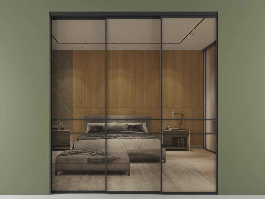 Перегородка Formato внутри проёма телескопик синхро 2 АЛПР 040.02 Алюминий Черный Рефлективное бронзовое стекло "Stopsol", калёное, 6 мм Цена 2523600 AMD  | Volhovec