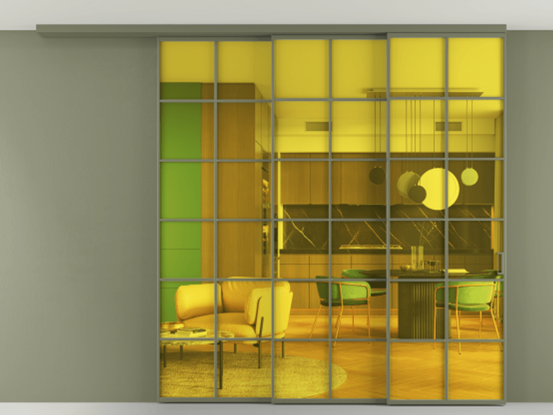 Перегородка Formato вдоль стены на потолок 3 створки с синхронным механизмом АЛПР 040.05 Алюминий оливковый тёмный Прозрачное жёлтое стекло, триплекс Цена 2812000 AMD | Volhovec