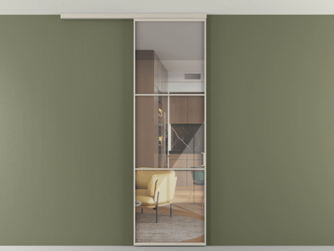 Перегородка Формато вдоль стены на потолок 1 створка АЛПР 040.03 Алюминий светло-бежевый Рефлективное прозрачное стекло "Стопсол", калёное Цена 724220 AMD | Volhovec