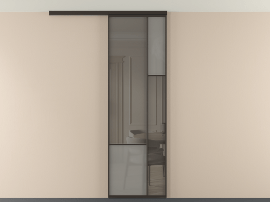 Перегородка Мозаик вдоль стены на потолок 1 створка АЛПР 041.12 Алюминий антрацит Сатинированное серое стекло, триплекс, 6 мм + Прозрачное серое стекло, триплекс Цена 910710 AMD | Volhovec