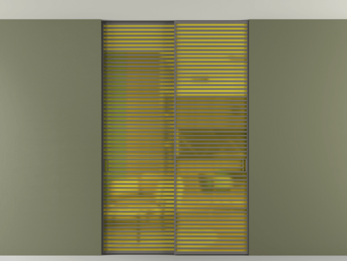 Перегородка Формато внутри проёма скрытое крепление в потолок 2 створки АЛПР 040.07 Алюминий классический серый Сатинированное жёлтое стекло, триплекс Цена 2764500 AMD | Volhovec