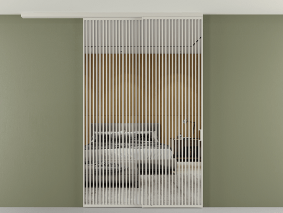 Перегородка Формато вдоль стены на потолок 2 створки с синхронным механизмом АЛПР 040.06 Алюминий тёплый серый Двустороннее зеркало, триплекс , триплекс 6 мм Цена 27450 AZE | Volhovec