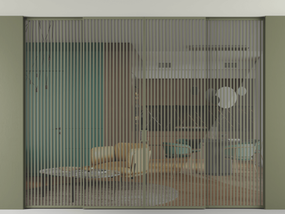 Перегородка Formato внутри проёма скрытое крепление в потолок 4 створки АЛПР 040.06 Алюминий оливковый тёмный Рефлективное прозрачное стекло "Stopsol", калёное Цена 6651880 AMD | Volhovec