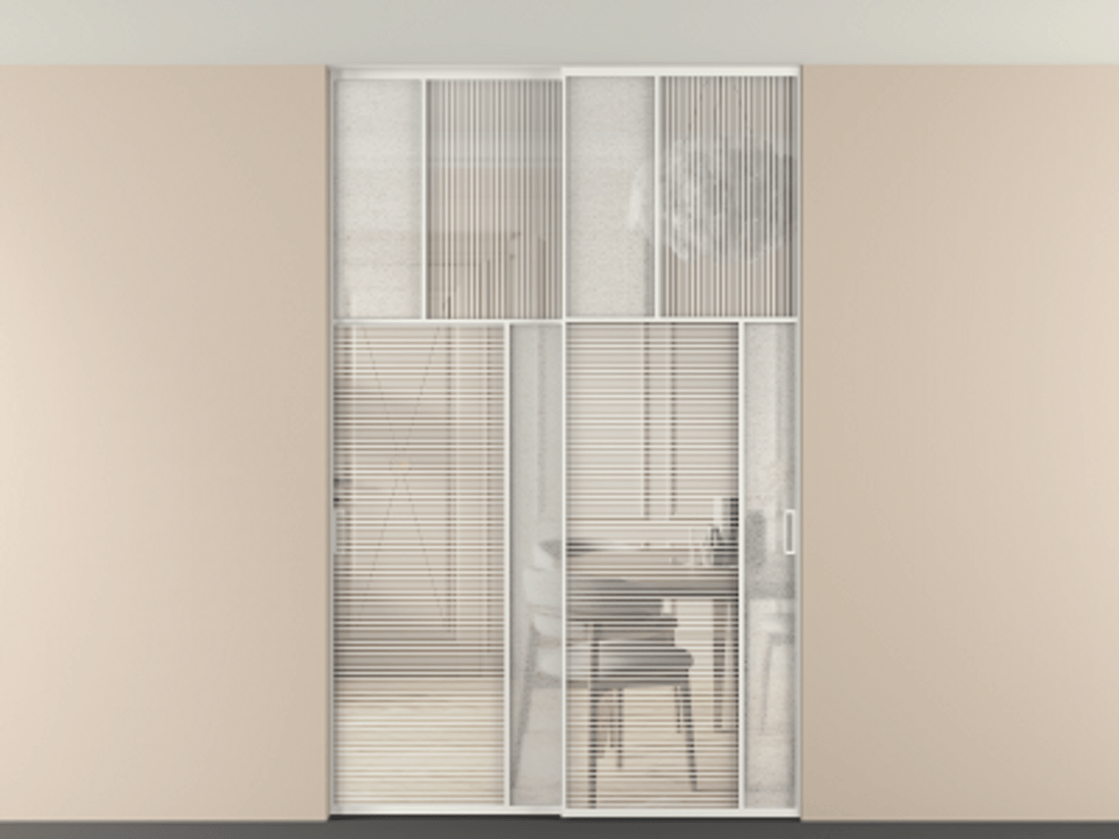Перегородка Мозаик внутри проёма скрытое крепление в потолок 2 створки АЛПР 041.23 Алюминий светло-серый Рифлёное стекло "Дюна", триплекс, 6 мм + Фактурное стекло "Лёд", триплекс Цена 2296870 AMD | Volhovec
