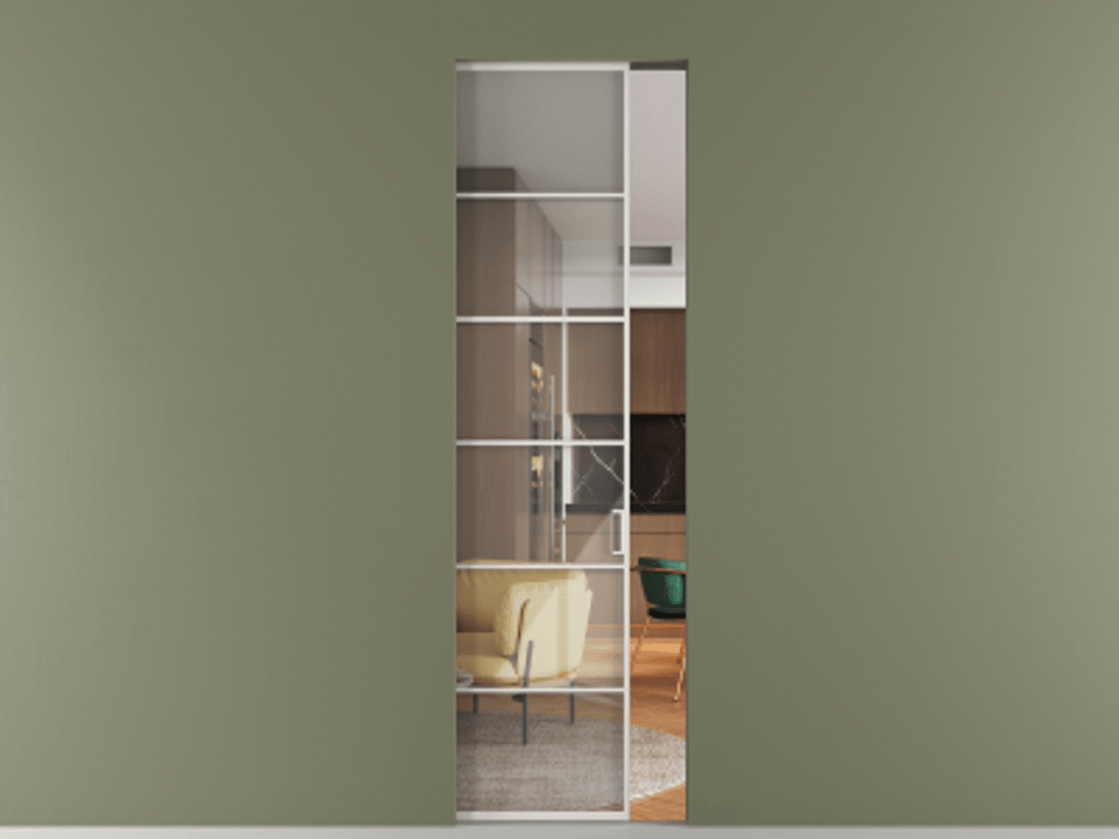 Перегородка Formato скрытый пенал 1 створка АЛПР 040.04 Алюминий Белый Рефлективное прозрачное стекло "Stopsol", калёное Цена 1228800 AMD | Volhovec