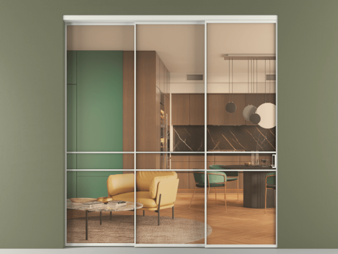 Перегородка Формато внутри проёма 3 створки с синхронным механизмом АЛПР 040.02 Алюминий серый Прозрачное оранжевое стекло, триплекс Цена 2323600 AMD  | Volhovec