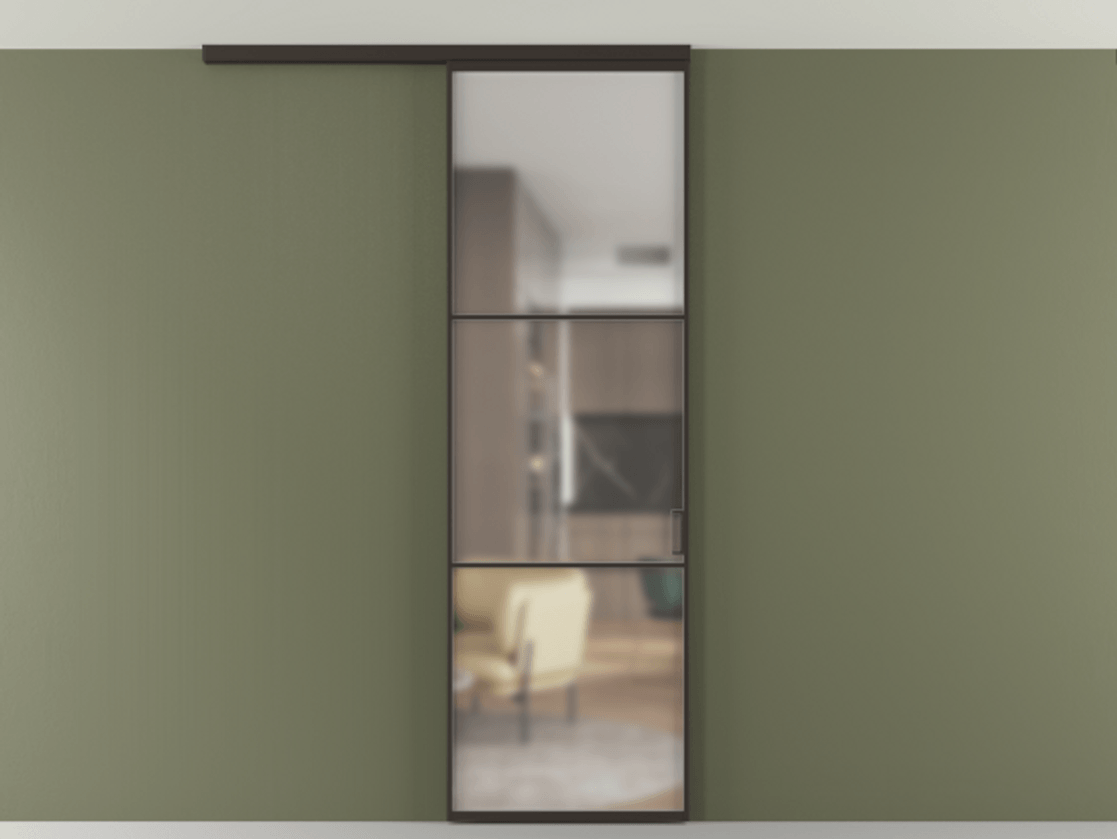 Перегородка Формато вдоль стены на потолок 1 створка АЛПР 040.03 Алюминий антрацит Сатинированное стекло "Мателюкс Кристал Вижн", калёное, матовое, каленое 6 мм Цена 724220 AMD | Volhovec