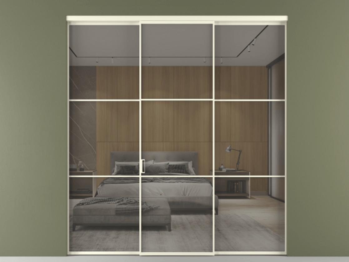 Перегородка Формато внутри проёма 3 створки АЛПР 040.03 Алюминий молочно-белый Рефлективное серое стекло "Стопсол", калёное Цена 2141890 AMD | Volhovec