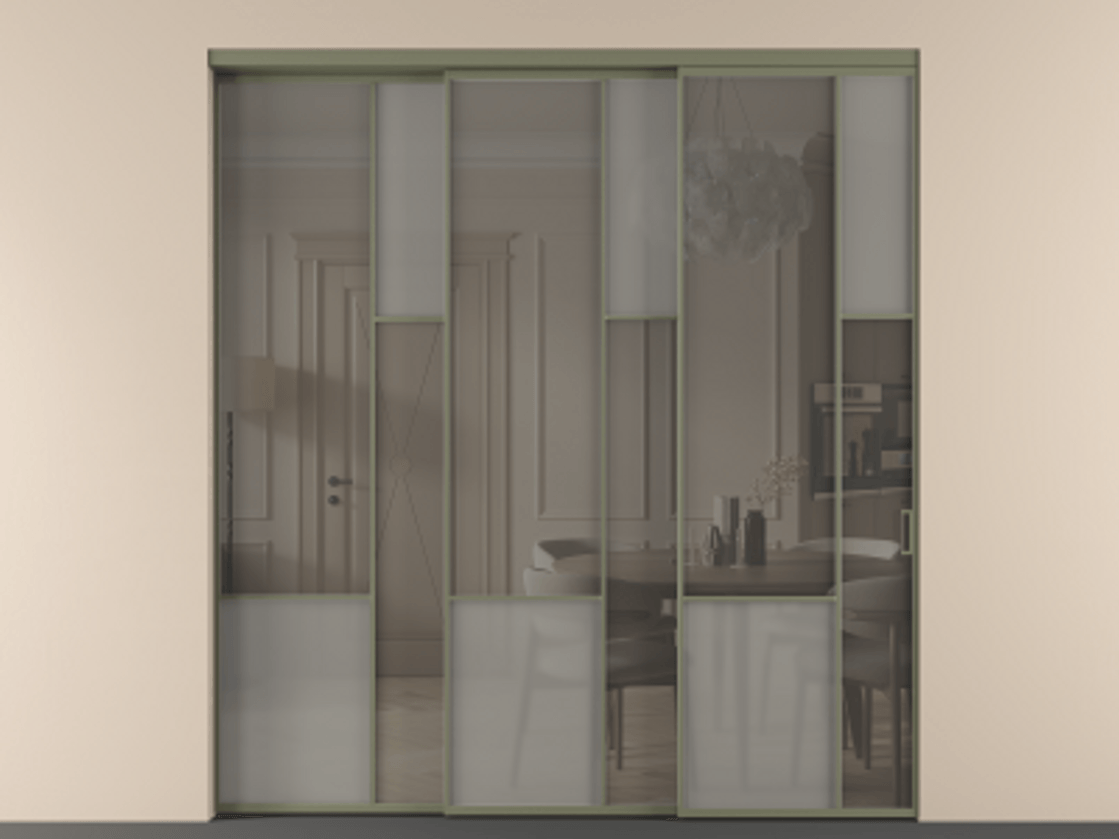 Перегородка Mosaic внутри проёма 3 створки с синхронным механизмом АЛПР 041.12 Алюминий оливковый тёмный Сатинированное серое стекло, триплекс, 6 мм + Прозрачное серое стекло, триплекс Цена 2949760 AMD | Volhovec