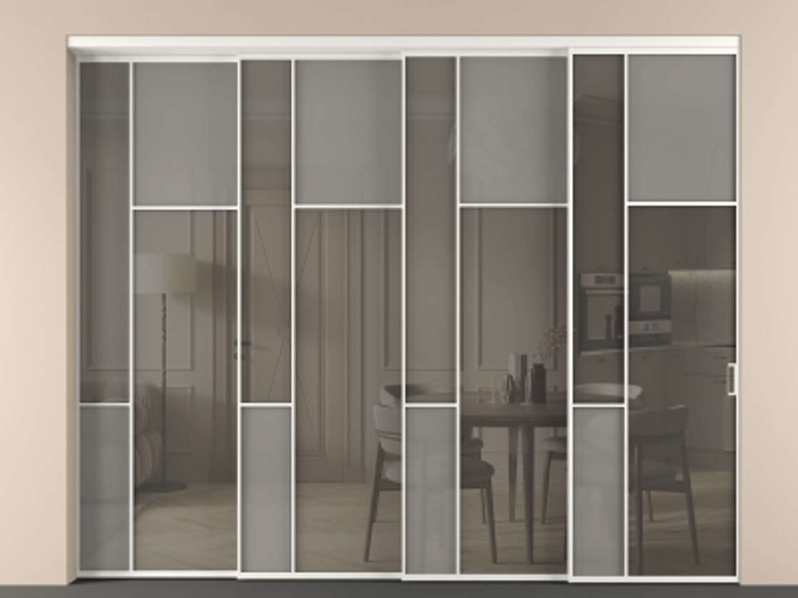 Перегородка Мозаик внутри проёма 4 створки с синхронным механизмом АЛПР 041.11 Алюминий тёплый серый Сатинированное серое стекло, триплекс, 6 мм + Прозрачное серое стекло, триплекс. Цена 3962230 AMD . Фабрика дверей Волховец 8 (800) 551 43 19 Перегородка Мозаик внутри проёма 4 створки с синхронным механизмом АЛПР 041.11 Алюминий тёплый серый Сатинированное серое стекло, триплекс, 6 мм + Прозрачное серое стекло, триплекс Цена 3962230 AMD | Volhovec