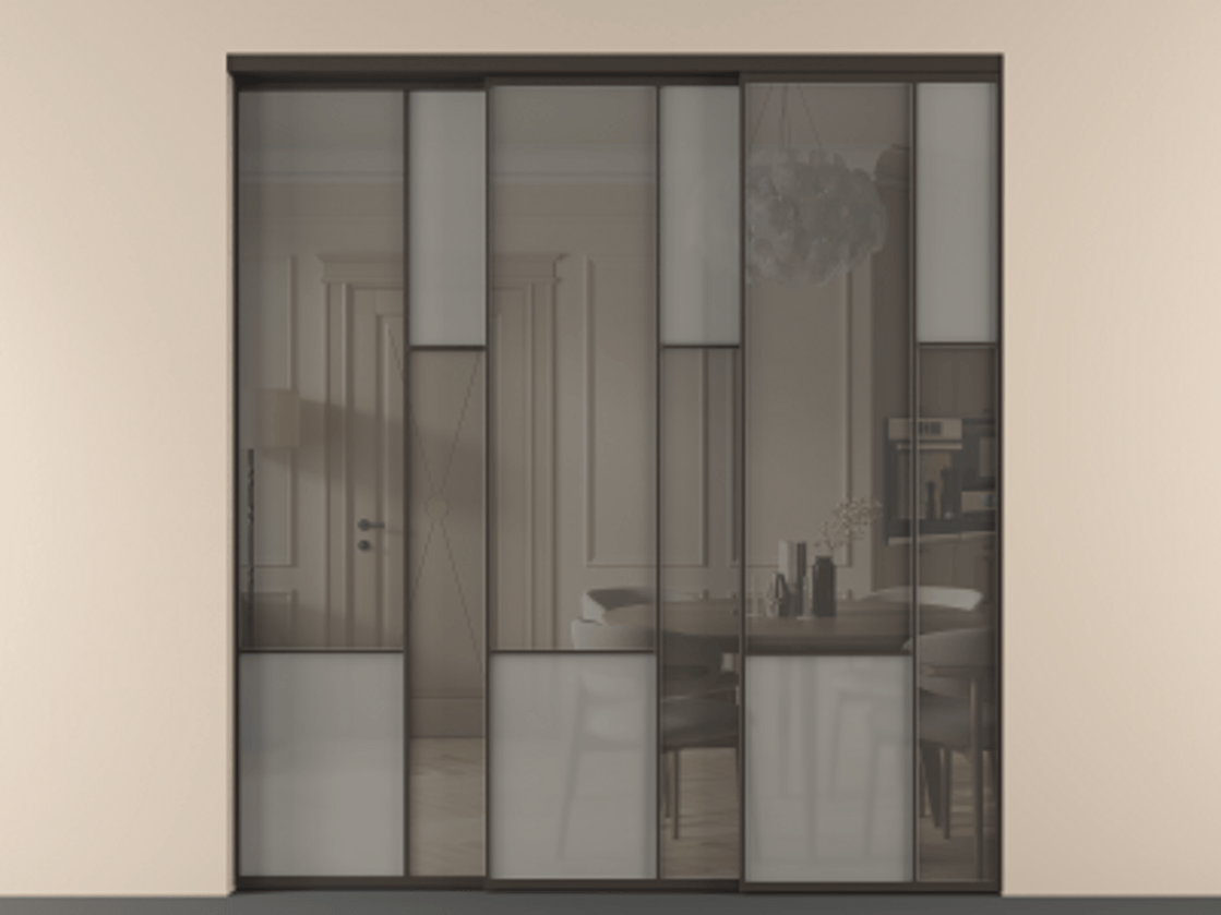 Перегородка Мозаик внутри проёма 3 створки с синхронным механизмом АЛПР 041.12 Алюминий антрацит Сатинированное серое стекло, триплекс, 6 мм + Прозрачное серое стекло, триплекс Цена 2949760 AMD | Volhovec