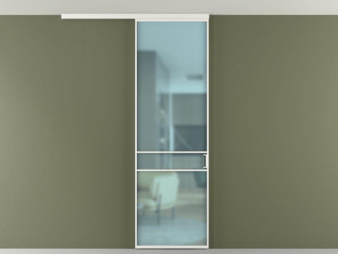 Перегородка Формато вдоль стены на потолок 1 створка АЛПР 040.02 Алюминий светло-серый Сатинированное голубое стекло, триплекс Цена 653200 AMD | Volhovec