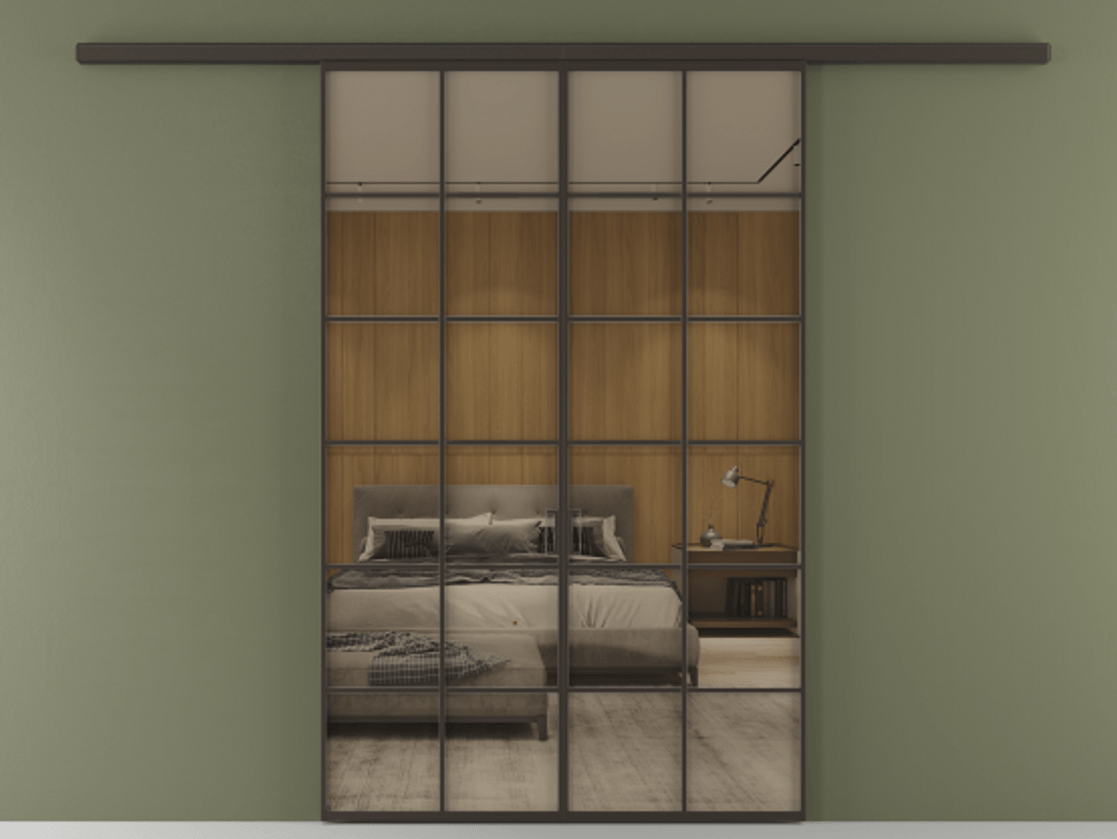 Перегородка Формато вдоль стены 2 створки АЛПР 040.05 Алюминий антрацит Рефлективное бронзовое стекло "Стопсол", калёное Цена 1784460 AMD | Volhovec