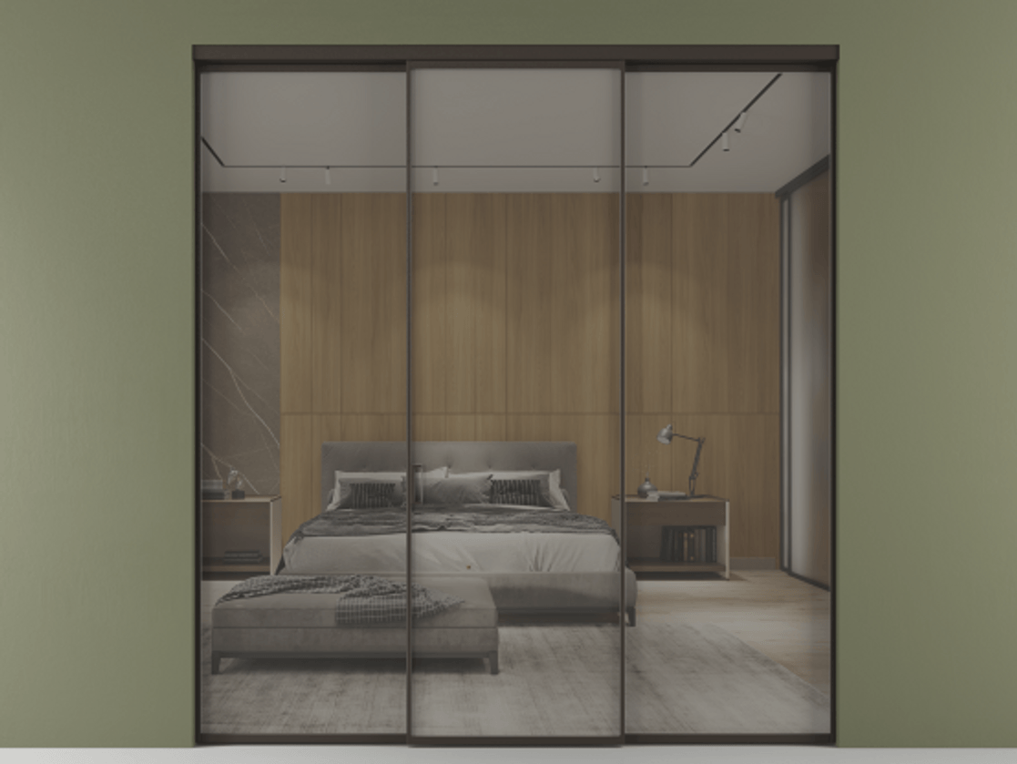 Перегородка Formato внутри проёма 3 створки АЛПР 040.01 Алюминий антрацит Рефлективное серое стекло "Stopsol", калёное Цена 2032640 AMD | Volhovec