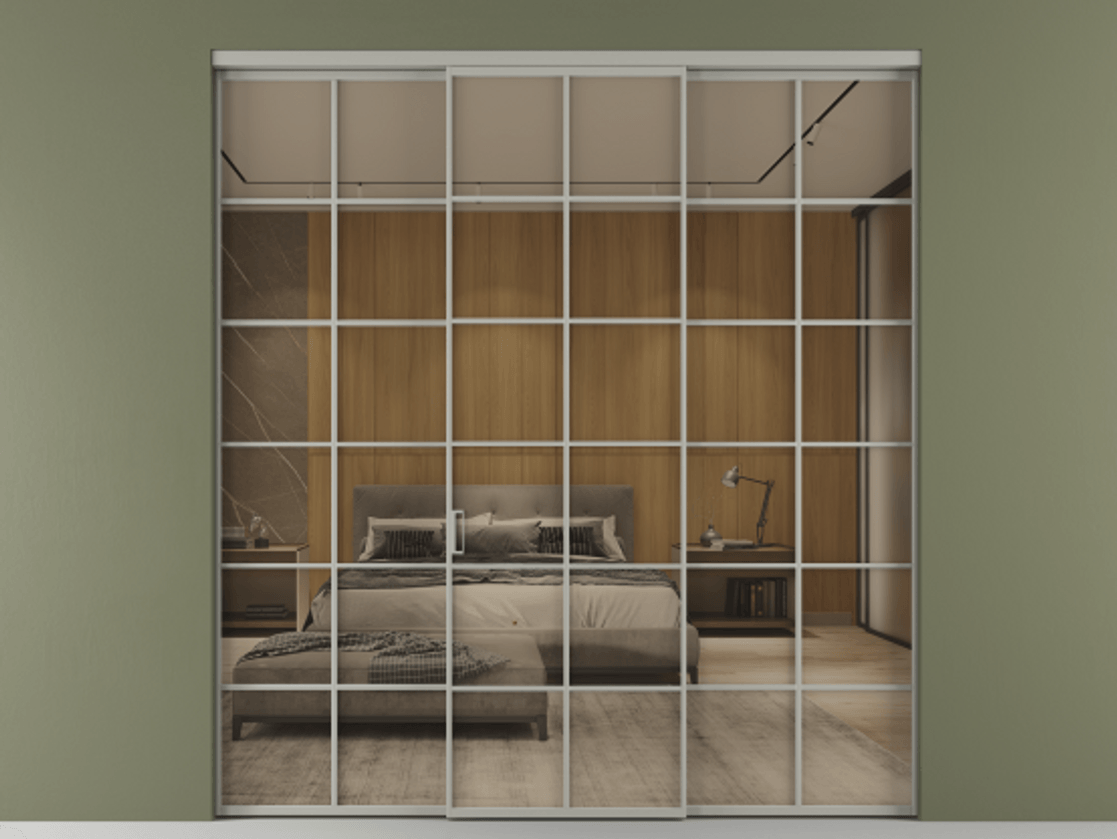 Перегородка Формато внутри проёма 3 створки АЛПР 040.05 Алюминий нейтральный серый Рефлективное бронзовое стекло "Стопсол", калёное Цена 341000 ₽ | Volhovec