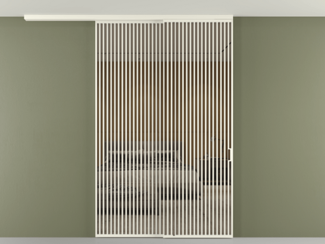 Перегородка Формато вдоль стены на потолок 2 створки с синхронным механизмом АЛПР 040.06 Алюминий жемчужный Рефлективное бронзовое стекло "Стопсол", калёное Цена 3124200 AMD | Volhovec