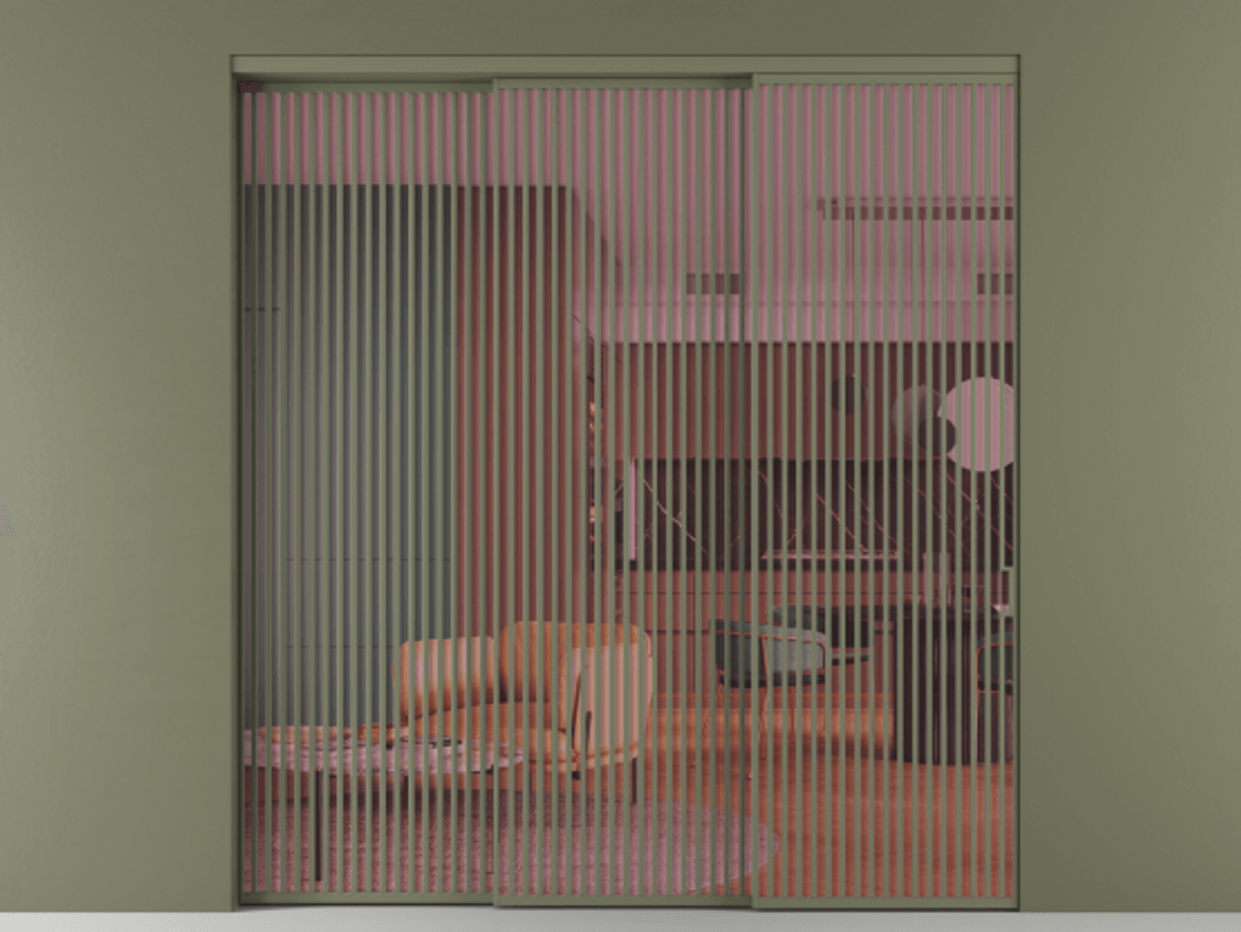 Перегородка Formato внутри проёма 3 створки с синхронным механизмом АЛПР 040.06 Алюминий оливковый тёмный Прозрачное розовое стекло, триплекс Цена 3909800 AMD  | Volhovec