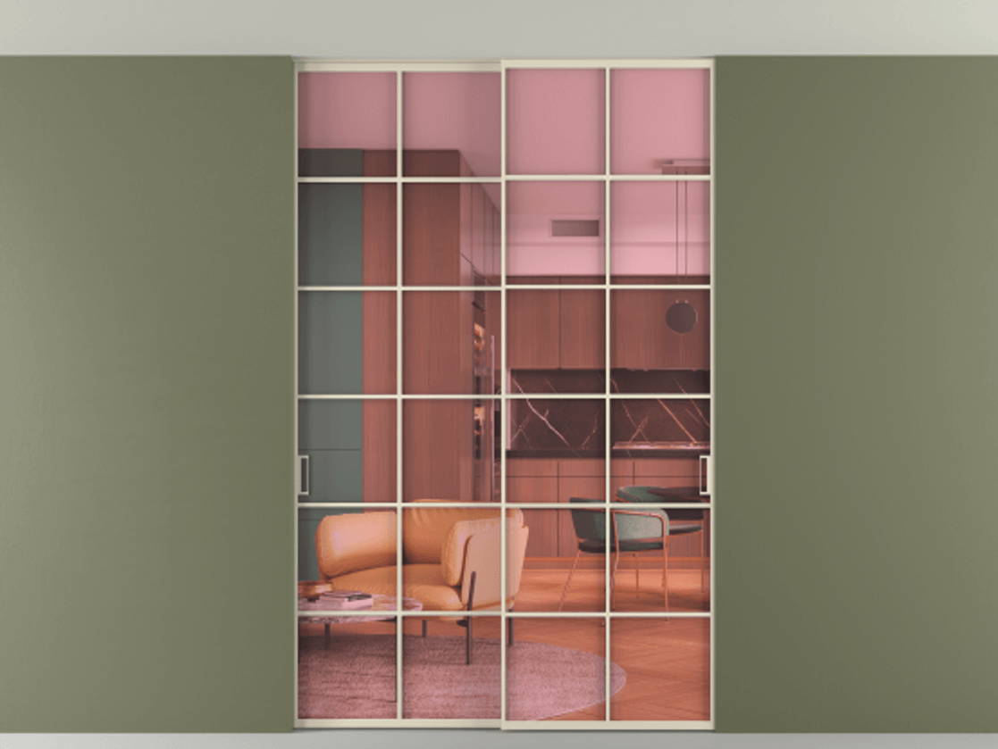 Перегородка Формато внутри проёма скрытое крепление в потолок 2 створки АЛПР 040.05 Алюминий бежево-серый Прозрачное розовое стекло, триплекс Цена 1760800 AMD | Volhovec