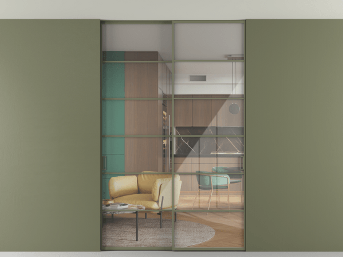 Перегородка Формато внутри проёма скрытое крепление в потолок 2 створки АЛПР 040.04 Алюминий оливковый тёмный Рефлективное прозрачное стекло "Стопсол", калёное Цена 2176150 AMD | Volhovec