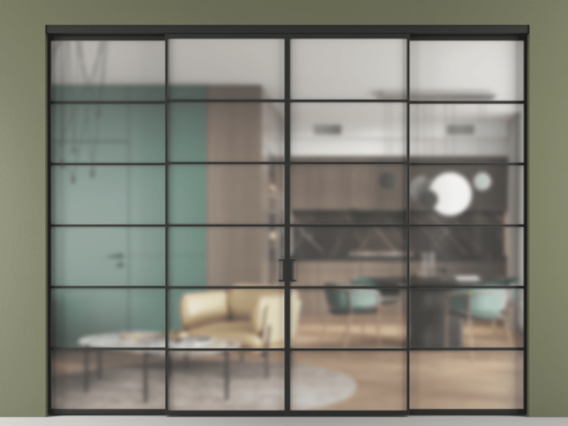 Перегородка Formato внутри проёма четырёхстворчатая АЛПР 040.04 Алюминий Черный Сатинированное стекло "Matelux Crystal Vision", калёное, 6 мм, матовое, каленое 6 мм Цена 419200 ₽  | Volhovec