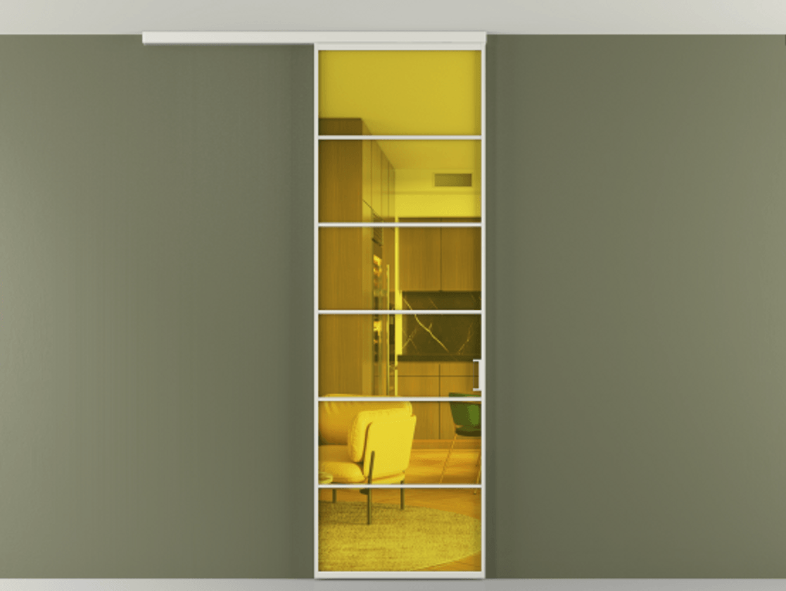 Перегородка Формато вдоль стены на потолок 1 створка АЛПР 040.04 Алюминий серый Прозрачное жёлтое стекло, триплекс Цена 696600 AMD | Volhovec