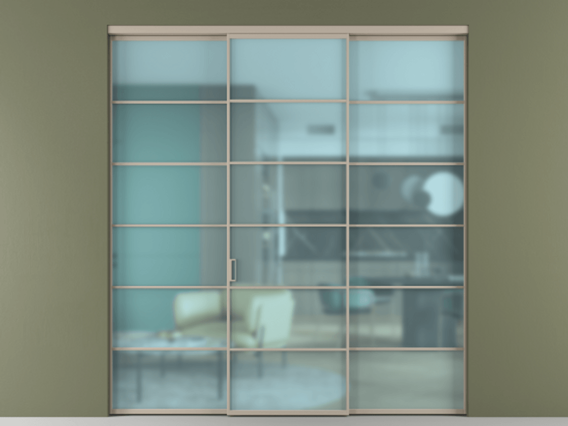 Перегородка Формато внутри проёма 3 створки АЛПР 040.04 Алюминий бисквитный Сатинированное голубое стекло, триплекс Цена 1718500 AMD | Volhovec