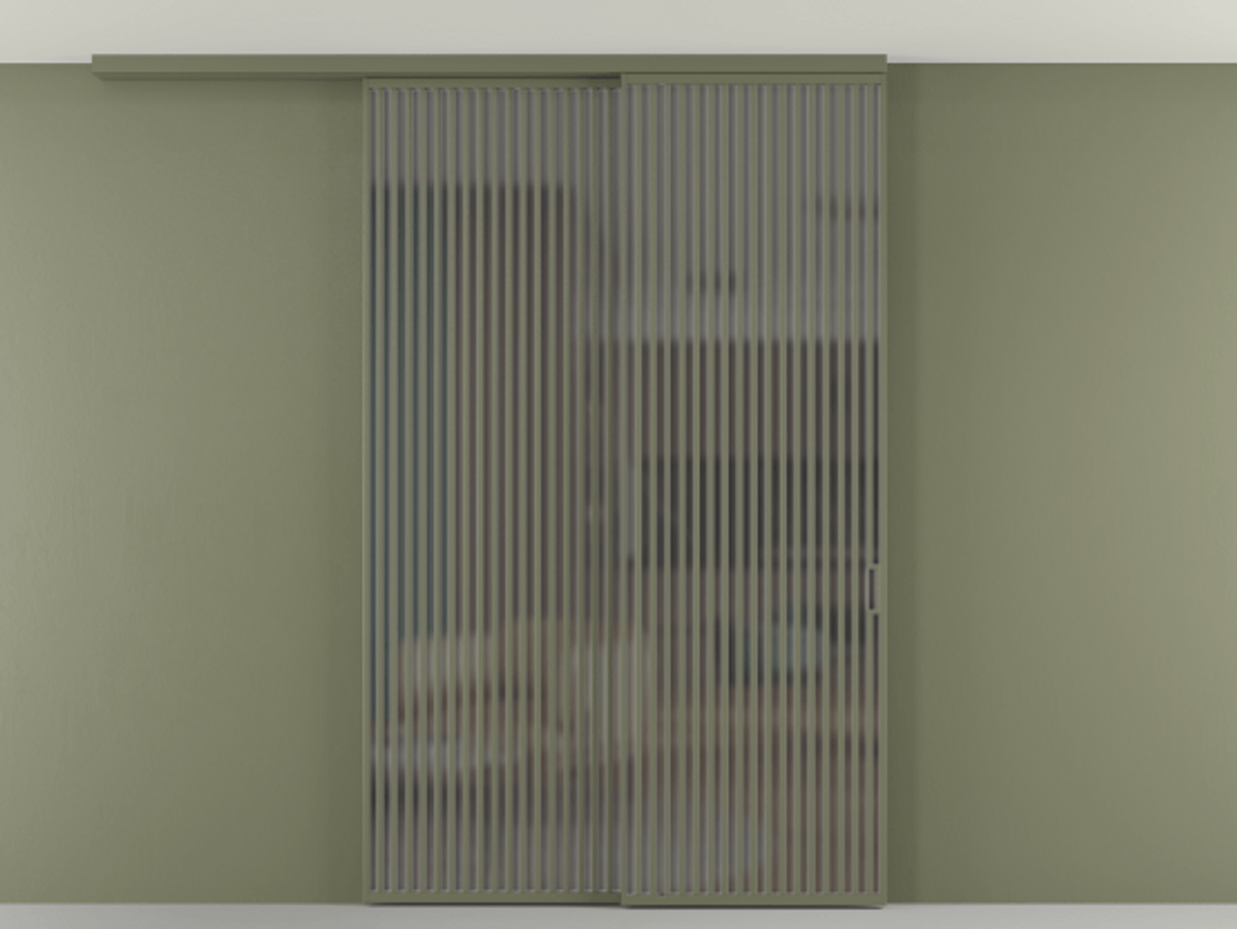 Перегородка Формато вдоль стены на потолок 2 створки с синхронным механизмом АЛПР 040.06 Алюминий оливковый тёмный Сатинированное серое стекло, триплекс Цена 3037880 AMD | Volhovec