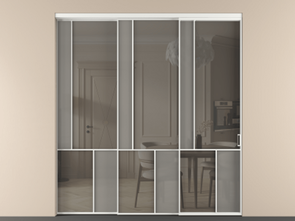 Перегородка Мозаик внутри проёма 3 створки с синхронным механизмом АЛПР 041.20  Алюминий белоснежный Сатинированное серое стекло, триплекс, 6 мм + Прозрачное серое стекло, триплекс Цена 437390 ₽ | Volhovec